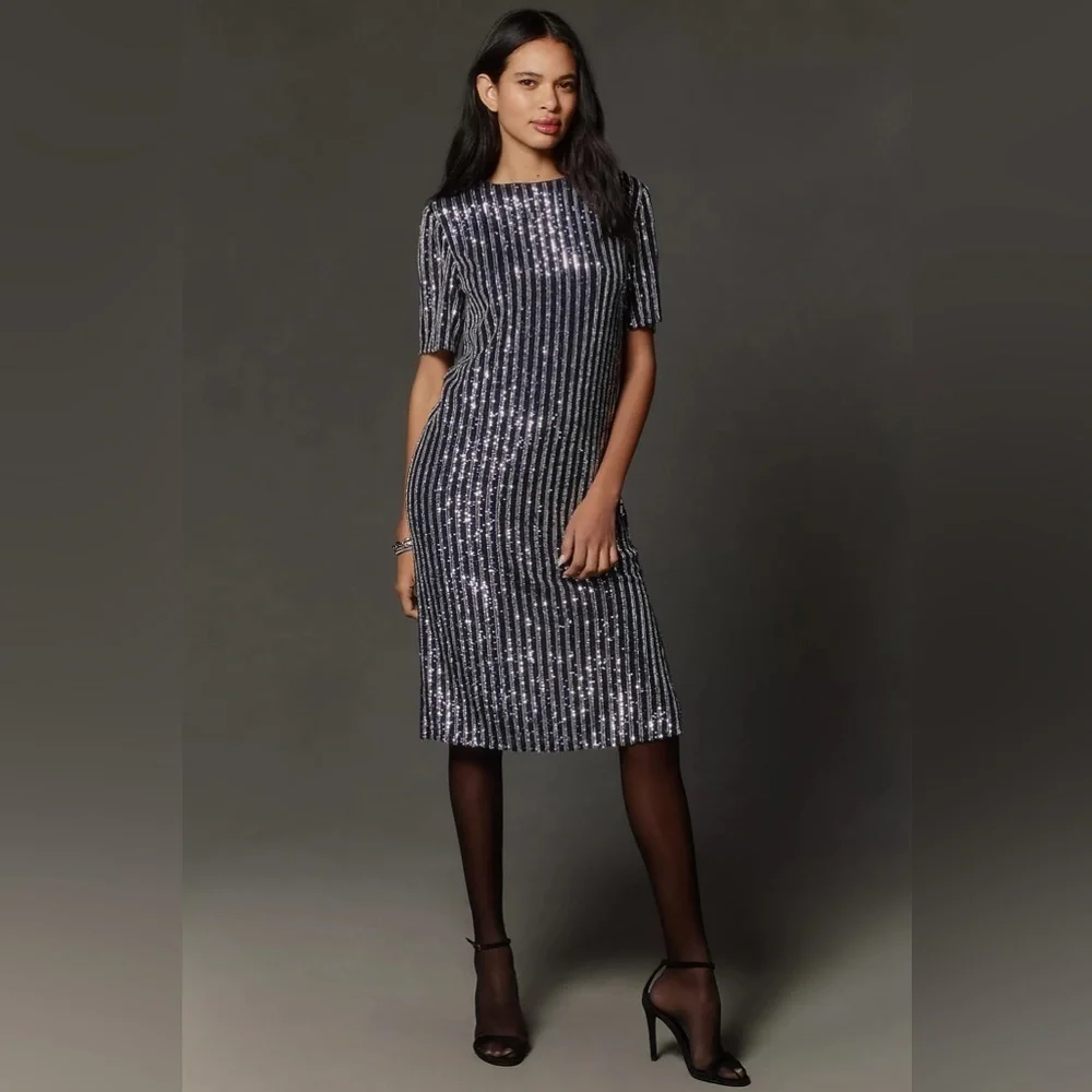 Anthropologie Black and Silver Sequin Stripe Shift Dress XXS - Picture 5 of 9